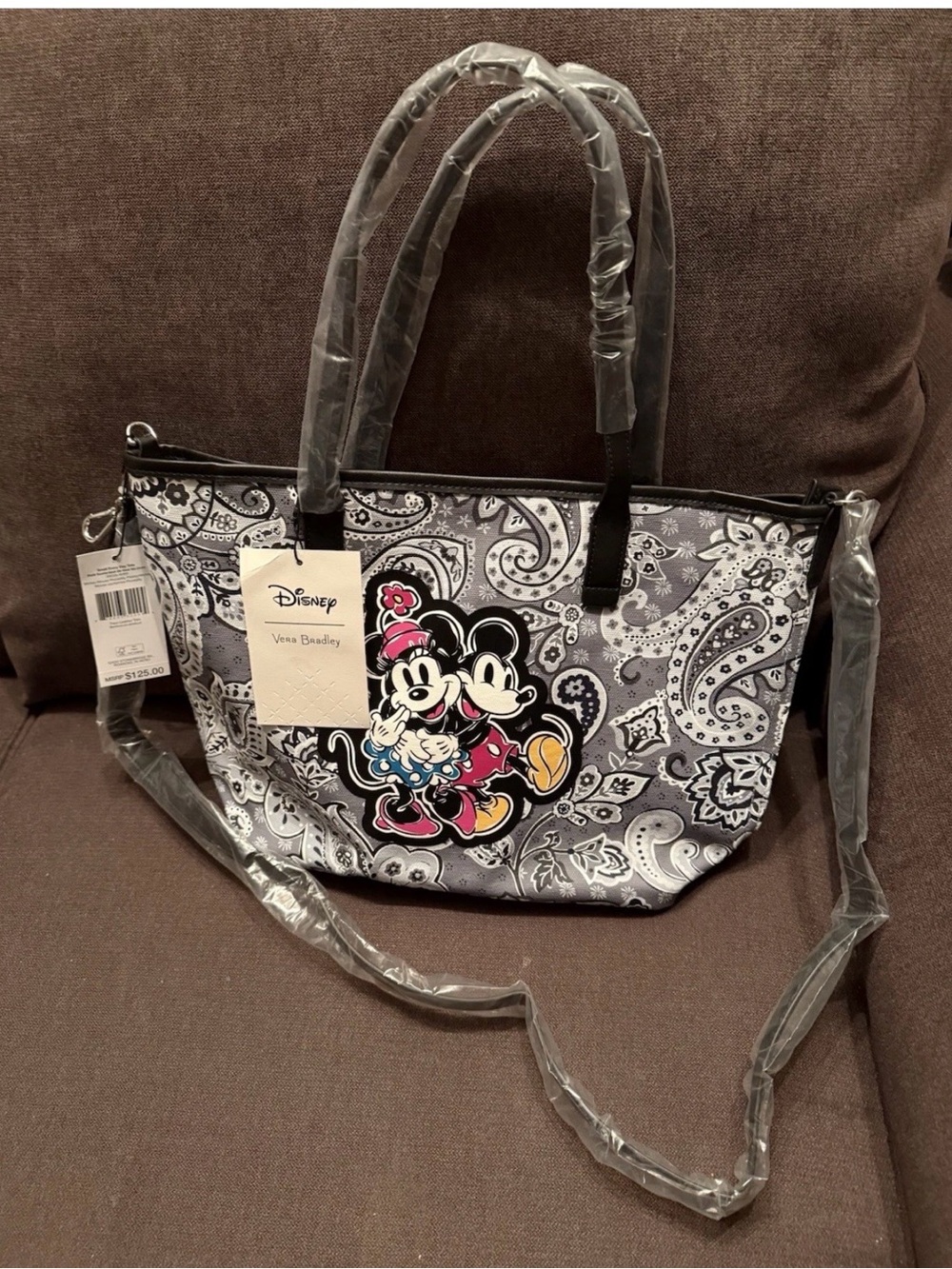 Vera Bradley Gray Paisley Tote with Minnie & Mickey Patch